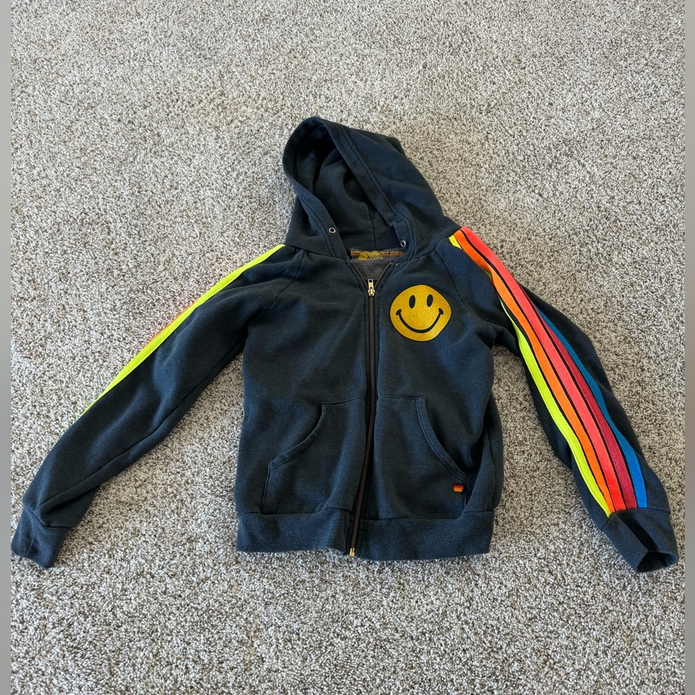 Aviator Nation zip up Charcoal (navy) Smiley hoodie Kids 14 (=Womens XS)